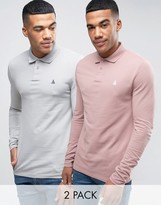 Thumbnail for your product : ASOS 2 Pack Long Sleeve Pique Muscle Polo In Pink/Grey Save