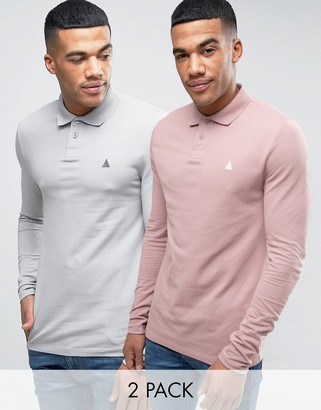 ASOS 2 Pack Long Sleeve Pique Muscle Polo In Pink/Gray SAVE