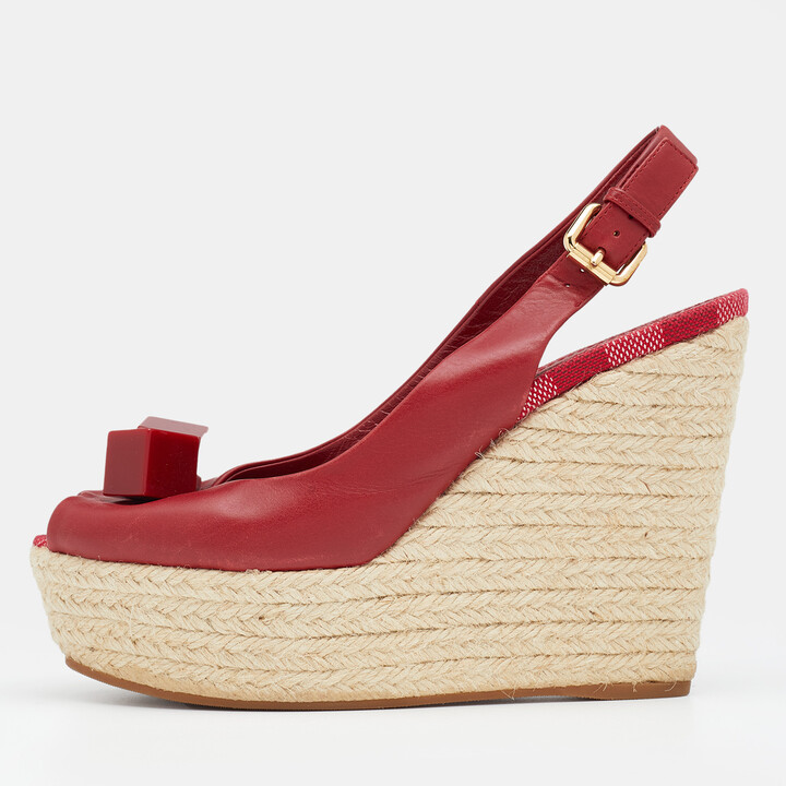 Louis Vuitton Red Leather Gossip Cube Embellished Espadrille Wedge