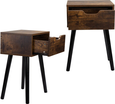 Kztmaea Set Of 2 Mid Century Modern End Tables With Drawer, Wood Nightstand For Bedroom, Rustic Brown And Black Side Table With Storage For Small Space Living