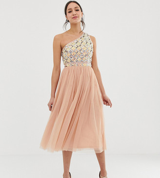 asos design embellished open back tulle midi dress