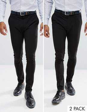 ASOS Design DESIGN 2 pack super skinny trousers in black SAVE