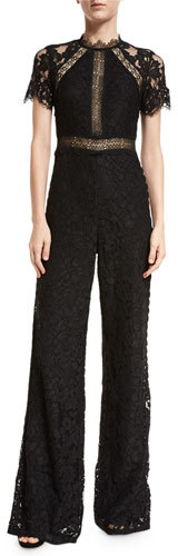 Alexis Claudel Short-Sleeve Lace Jumpsuit, Black - ShopStyle Wide-Leg Pants