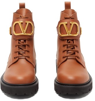 Valentino Garavani - V-logo Leather Lace-up Boots - Tan