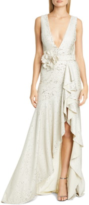 badgley mischka sangria ruffle gown