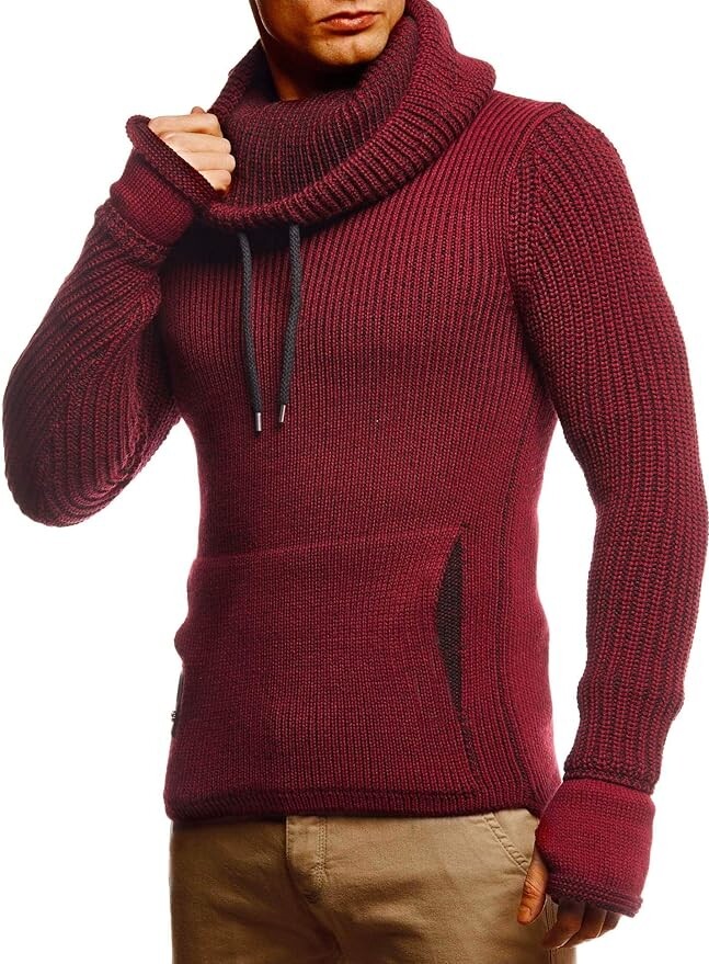 Leif Nelson Men's Cowl Neck Knitted Pullover with Thumbhole Cuffs