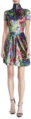 Calvin Klein Turtleneck Short-Sleeve Art-Print Fit-and-Flare Mini Dress