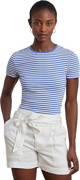 Lauren Ralph Lauren Striped Stretch Cotton Crewneck T-Shirts Women's Clothing Soft Lazuli/Mascarpone Cream : MD, Cotton/Elastane