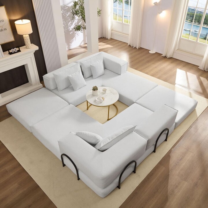 Harper&Bright Designs Convertible 157.5 in. Corduroy Foam-Filled Modular Sectional Sofa in White with 6-Pillows, Sofa Bed
