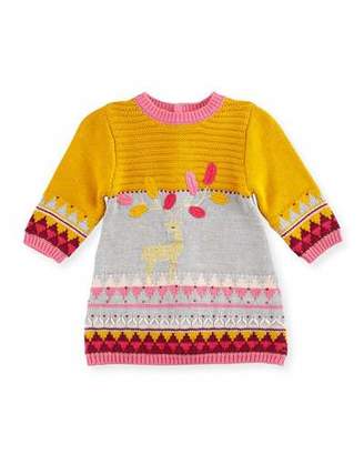 Catimini Mixed-Knit Deer Sweaterdress, Gray/Multicolor, Size 6M-3