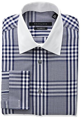 Sean John Men's Tailored Fit Plaid Spread Collar Dress Shirt