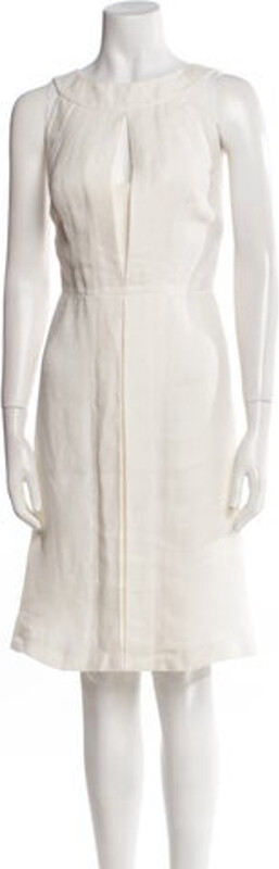 Yves Saint Laurent Linen A-Line Dress Neutrals Sleeveless with Bateau Neckline Concealed Zip Closure at Back Designer