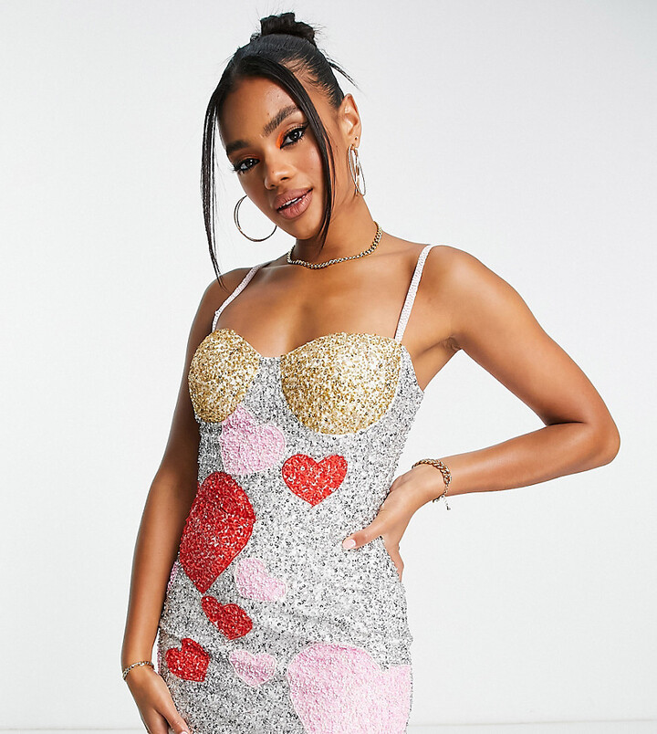 Lace & Beads Exclusive heart embellished crop top in red and pink - part of  a set