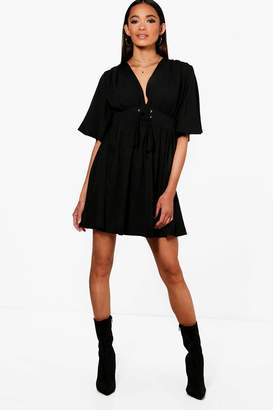 boohoo Lace Up front Angel Sleeve Skater Dress