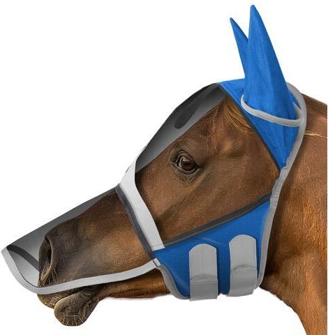 SmithBuilt Comfort Fly Mask with Ears and Long Nose for Horses (Blue, Cob) - Fleece Padding, Fine Mesh, UV Protection