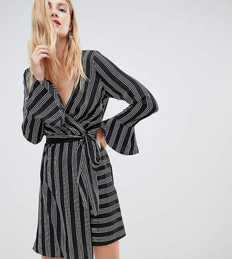 Vero Moda Tall striped wrap midi dress in black