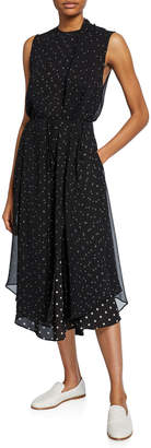 Vince Mixed-Media Dot-Print Sleeveless Midi Dress