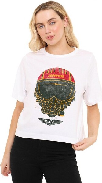 Top Gun Women'sTopGunRoosterHelmetBoxyCroppedT-Shirt,VintageWhite,Small
