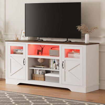 Farmhouse TV Stand With LED Lights, Entertainment Center For 65/60/55 Inches Televisions, TV Console With Storage Cabinets And Open Shelves, TV Cabine