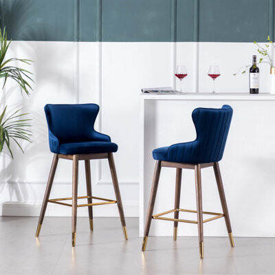 Everly Quinn Charming Set of Two Wingback Bar Stools with Thick Padding and Velvet-Like Upholstery for Stylish Seating