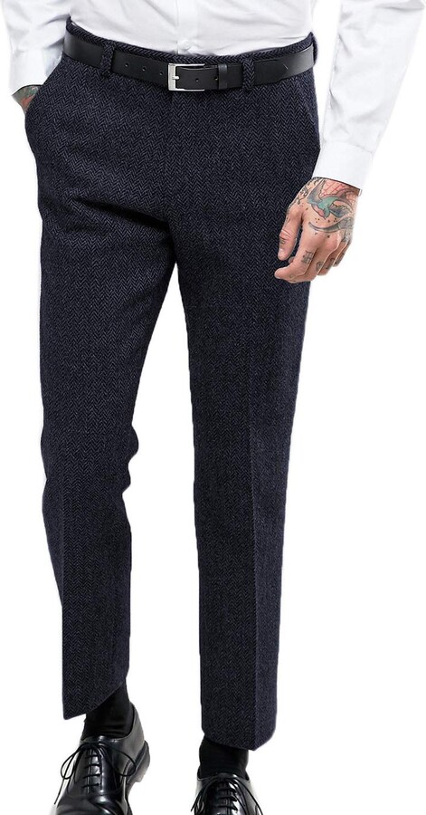 Men's Tweed Pants Herringbone Thick Wool Pleated Front Dress Suit Vintage  Trousers