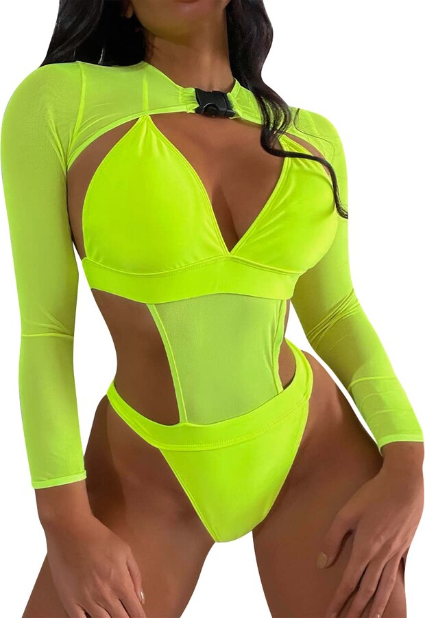 Laughhe Neon Bikini Set Damen - Langarm Crop Top Mit Schnalle | Festival & Party Outfit