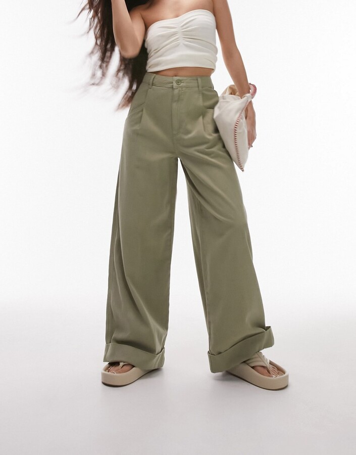 Topshop clean wide leg back tab pants with turn up hem in sage - ShopStyle