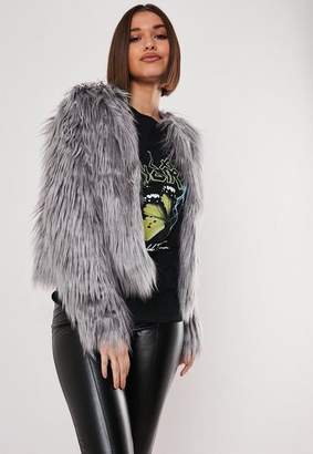 Missguided Gray Collarless Shaggy Coat
