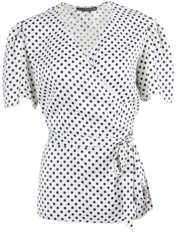 black and white polka dot wrap top