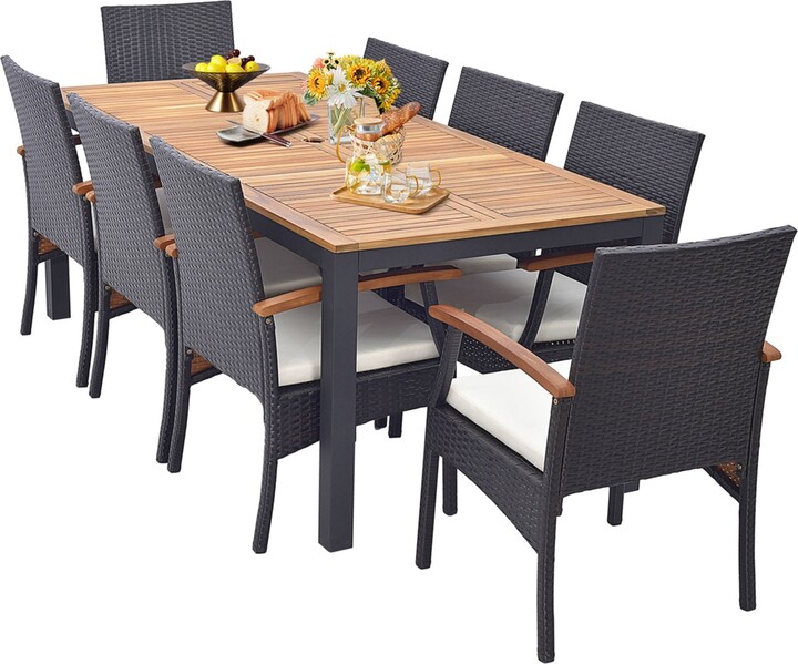 Costway 9 Pcs Patio Rattan Dining Set with Acacia Wood Table, Cushions, 1.9" Umbrella Hole
