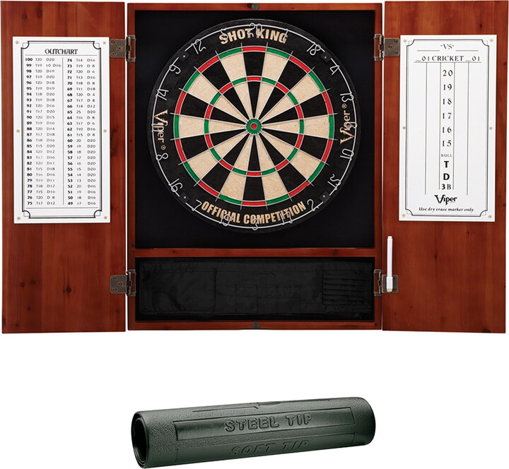 Viper Metropolitan Cinnamon Steel Tip Dartboard Cabinet, Shot King Bristle Dartboard, and Vinyl Dart Mat