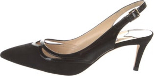 Jimmy Choo Suede Slingback Pumps Black Patent Leather Trim Pointed-Toes Straps & Buckle Closure at Ankles Includes Box