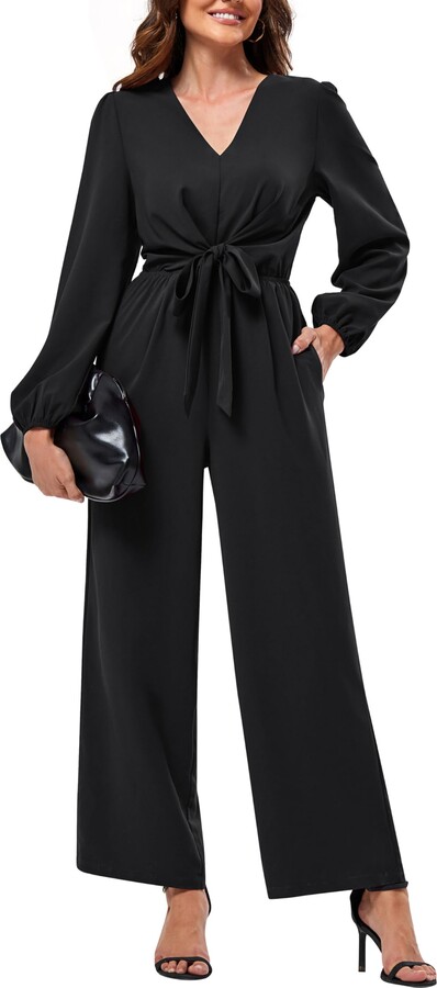 JASAMBAC Jumpsuits For Women Uk，Long Sleeve Jumpsuit Wide Leg