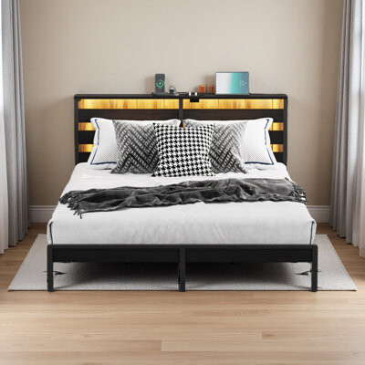 Full Size Metal Platform Bed Frame With Wooden Headboard And Footboard With USB LINER, LED Lights, No Box Spring Needed, Under Bed Storage, Easy Assem