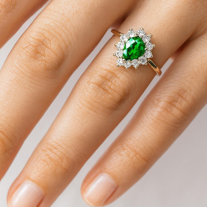 Etsy Tsavorite Garnet Ring Green Engagement With Diamonds 14K Or 18K Gold Vintage Style Cluster Halo