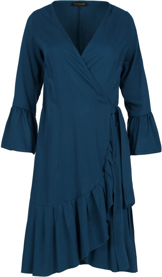 Conquista Petrol Wrap Dress Viscose With Bell Sleeves. ShopStyle