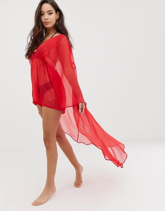 ASOS DESIGN glam cape back beach playsuit in red chiffon