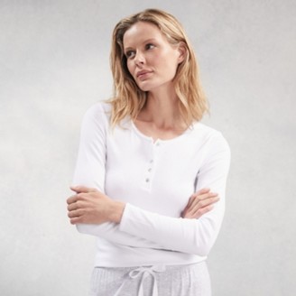 The White Company Ribbed Henley Pyjama Top, White, S