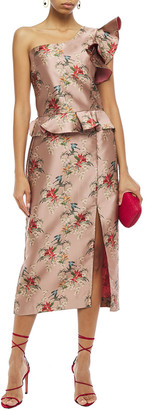 Johanna Ortiz La Divinidad One-shoulder Floral-print Satin Peplum Dress