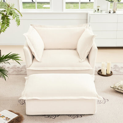 Latitude Run Upholstered Armchair With Large - Cream Elegant Design Comfortable Cream Chenille Spacious Seating High Back Pillows Elegant