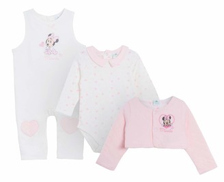 Disney Minnie Mouse Baby Girls 3 Piece Gift Set Dungarees + Bodyvest + Cardigan Pink 18 Months