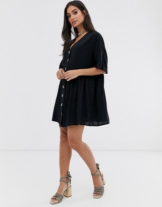 ASOS DESIGN Petite v neck button through mini smock dress in black