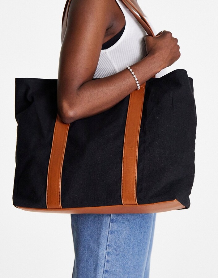 ASOS DESIGN canvas tote bag with PU straps in black - ShopStyle