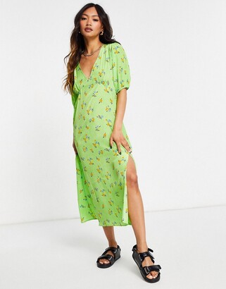 Neon Rose midi tea dress with puff sleeves and split front in bright floral