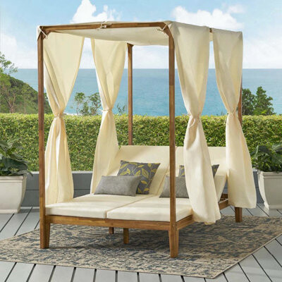 Bay Isle Home Acacia Wood Daybed with Adjustable Lounges and Water-Resistant Curtains