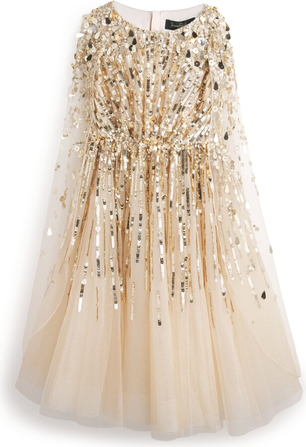 Jenny Packham Kids Tulle Embellished Goldy Cape Dress