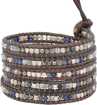 Chan Luu Red and Grey Mix Semi Precious Mineral Stone Beaded Leather Single Wrap Bracelet