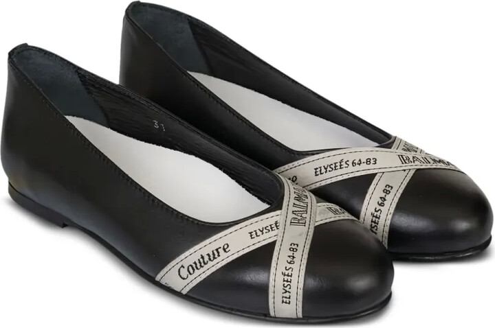 Balmain Kids Logo Cross-Strap Leather Ballet Flats