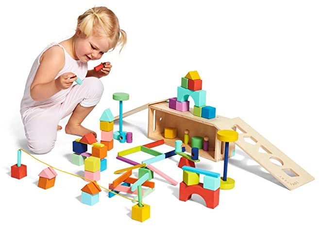 The Block Set by Lovevery – Solid Wood Building Blocks and Shapes + Wooden Storage Box, 70 Pieces, 18 Colors, 20+ Activities