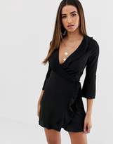 Thumbnail for your product : Outrageous Fortune ruffle wrap dress with fluted sleeve in black